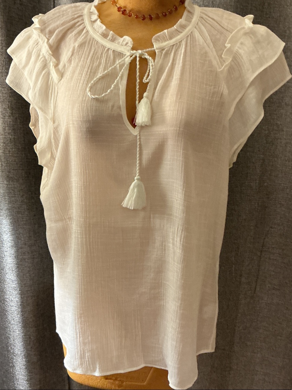 Lightweight White Tassel Tie Ruffle Sleeve Blouse